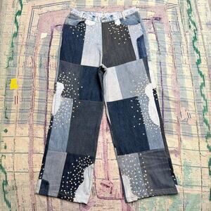 Custom Upcycled patchwork wide leg  denim jeans with sashiko 31x29
